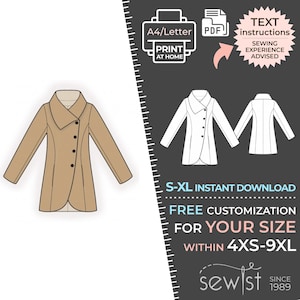 May include: A tan coat pattern with an asymmetrical design, featuring a large collar and button closure. The image includes front and back views of the coat, plus text instructions and size options from 4XS to 9XL. Sewing experience advised.