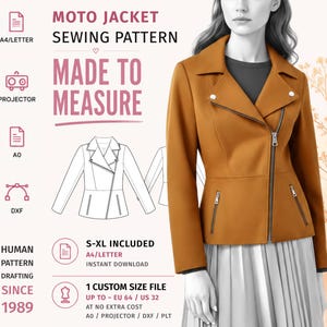 Può includere: Un cartamodello digitale per giacca da moto, con testo che include MOTO JACKET SEWING PATTERN, MADE TO MEASURE e S-XL INCLUDED. L'immagine mostra un disegno tecnico della giacca e un'illustrazione di una giacca color senape.