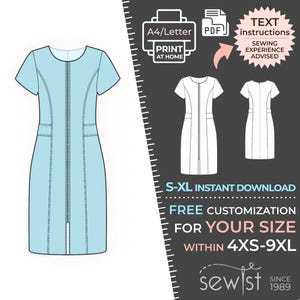 May include: A light blue dress pattern with a zip front, short sleeves, and pockets. Includes diagrams and text instructions. The text reads "S-XL Instant Download" and "Free Customization for Your Size Within 4XS-9XL". The logo says "sewist since 1989".