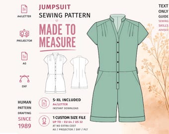 May include: A digital sewing pattern for a sage green jumpsuit featuring a mandarin collar, short sleeves with pleats, a button-down front, and shorts. The graphic includes text: JUMPSUIT SEWING PATTERN, MADE TO MEASURE, S-XL INCLUDED, and 1 CUSTOM SIZE FILE.