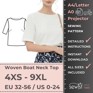 Op de afbeelding: Een wit geweven bootnek top naaipatroon met korte mouwen. Het patroon bevat maten 4XS-9XL, EU 32-56 / US 0-24. De afbeelding bevat ook de tekst "A4/Letter, AO PDF, Projector, Naaipatroon, Gedetailleerde instructies, Direct downloaden, Alle maten inbegrepen."