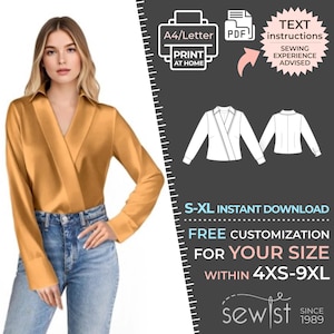 May include: A digital sewing pattern for a wrap blouse with long sleeves. The pattern is available in sizes S-XL and can be customized for sizes 4XS-9XL. The pattern is available for instant download and includes text instructions. Sewing experience is advised.