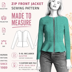May include: A sewing pattern for a zip front jacket with a peplum hem. The image displays text including ZIP FRONT JACKET SEWING PATTERN, MADE TO MEASURE, and S-XL INCLUDED. A technical line drawing of the jacket is shown alongside a teal jacket.