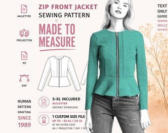 Schnittmuster für eine Schößchenjacke mit Reißverschluss vorne (PDF) · Strickjacke · Größen S–XL + Sonderanfertigungen