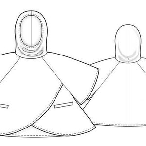 May include: A black and white technical line drawing of a hooded poncho. The garment features a rounded hood, wide flared sleeves, and a wrap-style front closure with two horizontal pocket openings. The illustration shows both front and back views.