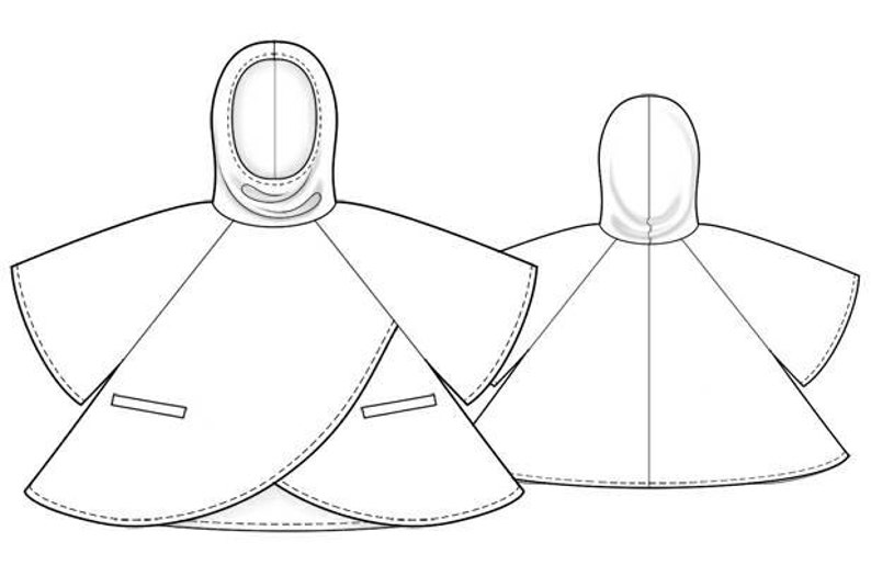 May include: A black and white technical line drawing of a hooded poncho. The garment features a rounded hood, wide flared sleeves, and a wrap-style front closure with two horizontal pocket openings. The illustration shows both front and back views.