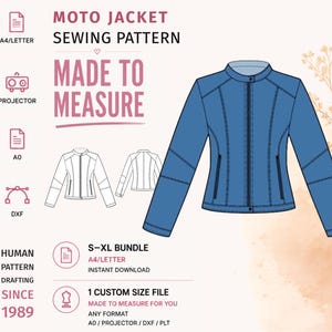 Peut inclure: Une illustration de patron de couture pour veste moto avec le texte MOTO JACKET SEWING PATTERN et MADE TO MEASURE. Inclut des icônes pour les formats A4/LETTER, PROJECTOR, A0 et DXF, ainsi que des informations sur le lot S-XL et le fichier sur mesure.