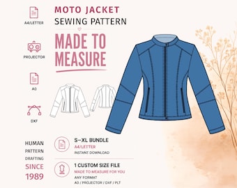 Moto Jacket Sewing Pattern PDF · Women’s Zip Front Leather Jacket · S–XL + Custom Size