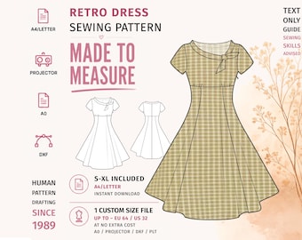 Könnte beinhalten: Ein Schnittmuster für ein Retro-Kleid mit beigem Karomuster und geknotetem Ausschnitt. Die digitale Anleitung enthält A4-, Letter-, A0- und DXF-Formate, inklusive der Größen S-XL sowie einer Option für eine maßgeschneiderte Datei bis Größe 64.