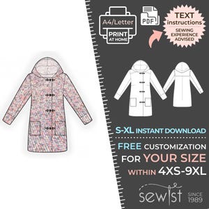 May include: A digital sewing pattern for a hooded duffel coat. The pattern includes a full-color illustration of the coat in a multi-colored tweed fabric, along with line drawings and text instructions. The pattern is available in sizes S-XL and offers free customization for sizes 4XS-9XL.