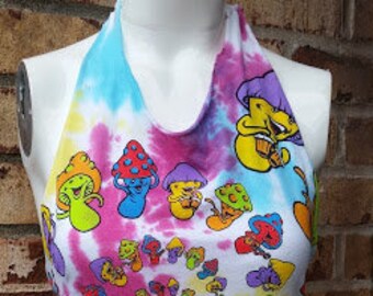 DIY Tie Dye Mushroom Graphic Halter Tie Back Top