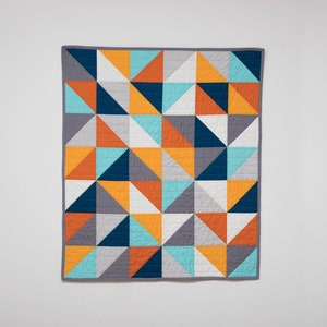 Modern half square triangle HST quilt, blue, orange, grey, baby bedding, modern quilt, square, triangle, crib bedding, Baby, Queen, King image 1