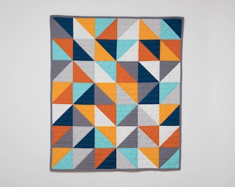 Modern half square triangle "HST" quilt, blue, orange, grey, baby bedding, modern quilt, square, triangle, crib bedding, Baby, Queen, King