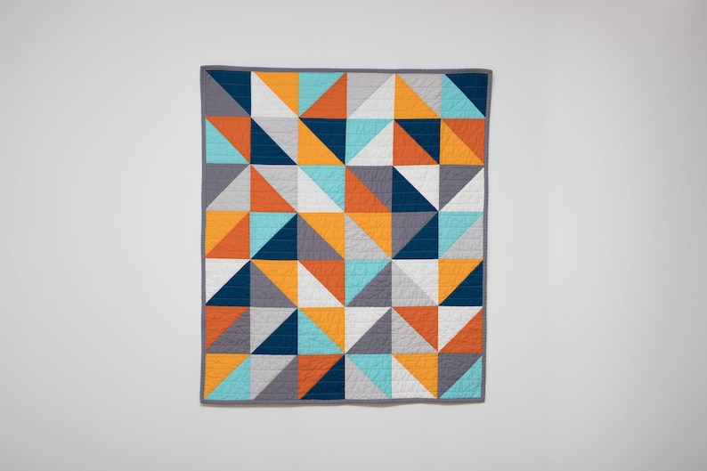 Modern half square triangle HST quilt, blue, orange, grey, baby bedding, modern quilt, square, triangle, crib bedding, Baby, Queen, King image 1