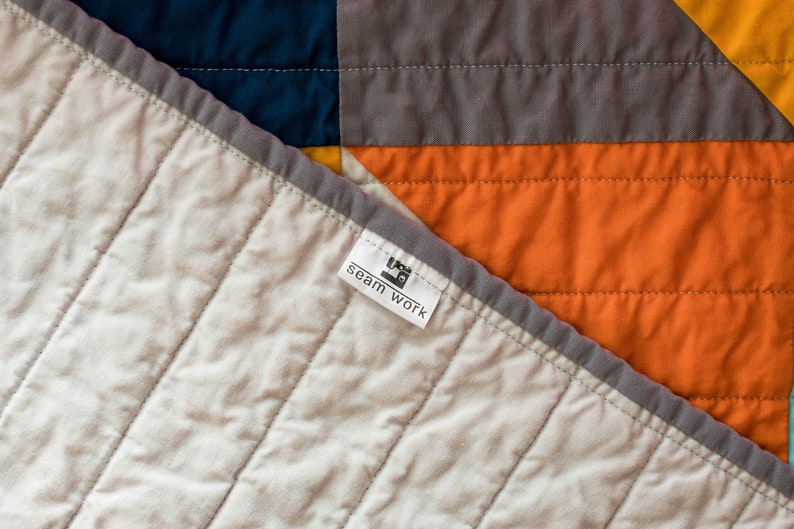 Modern half square triangle HST quilt, blue, orange, grey, baby bedding, modern quilt, square, triangle, crib bedding, Baby, Queen, King image 5