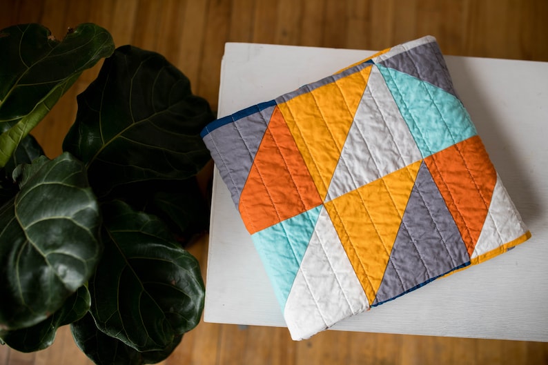 Modern half square triangle HST quilt, blue, orange, grey, baby bedding, modern quilt, square, triangle, crib bedding, Baby, Queen, King image 7