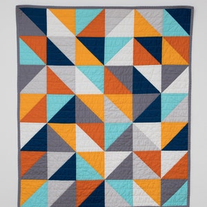 Modern half square triangle HST quilt, blue, orange, grey, baby bedding, modern quilt, square, triangle, crib bedding, Baby, Queen, King image 2