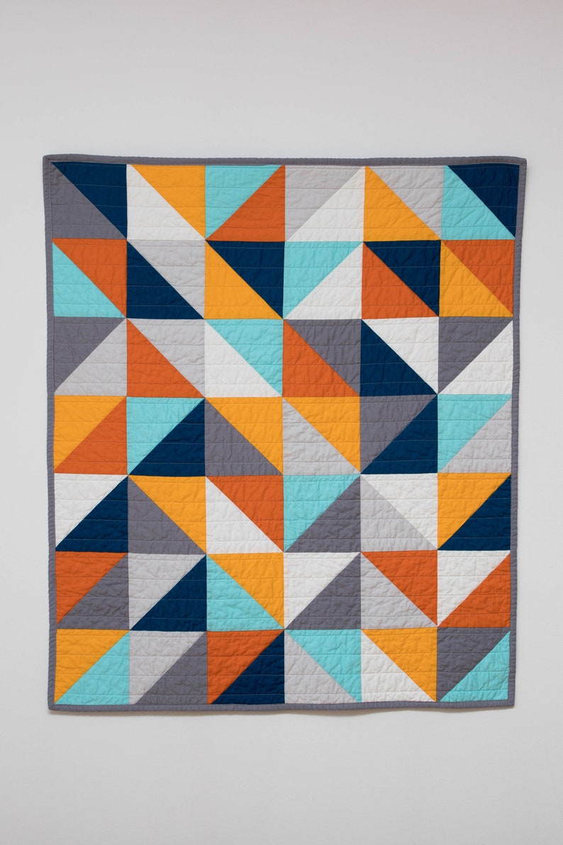 Modern half square triangle HST quilt, blue, orange, grey, baby bedding, modern quilt, square, triangle, crib bedding, Baby, Queen, King image 2