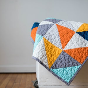 Modern half square triangle HST quilt, blue, orange, grey, baby bedding, modern quilt, square, triangle, crib bedding, Baby, Queen, King image 9