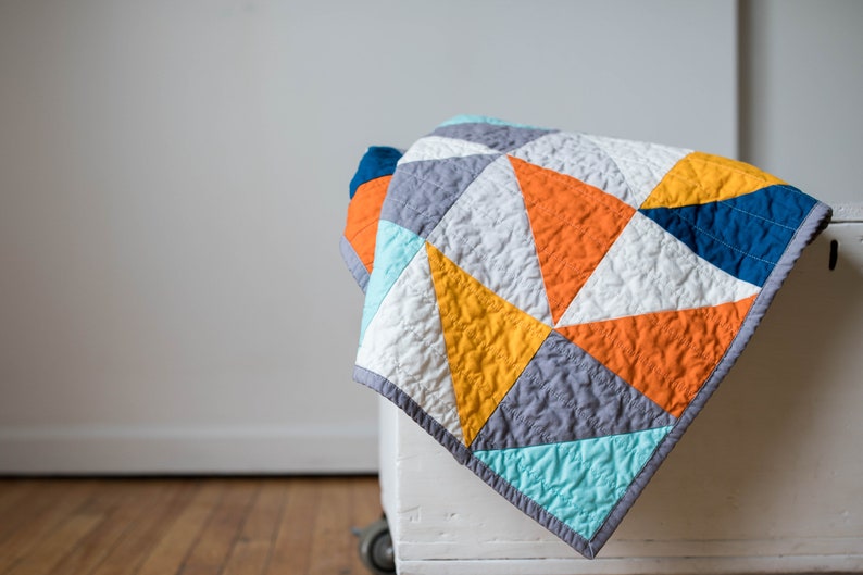 Modern half square triangle HST quilt, blue, orange, grey, baby bedding, modern quilt, square, triangle, crib bedding, Baby, Queen, King image 9