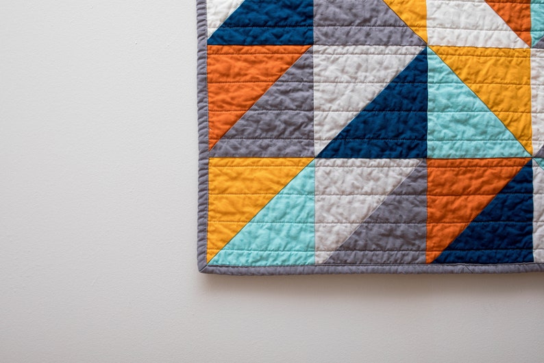 Modern half square triangle HST quilt, blue, orange, grey, baby bedding, modern quilt, square, triangle, crib bedding, Baby, Queen, King image 4