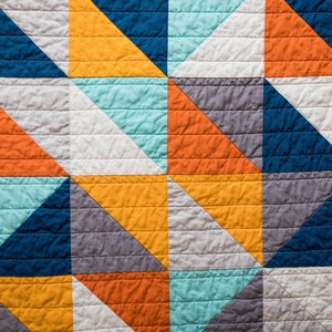 Modern half square triangle HST quilt, blue, orange, grey, baby bedding, modern quilt, square, triangle, crib bedding, Baby, Queen, King image 3