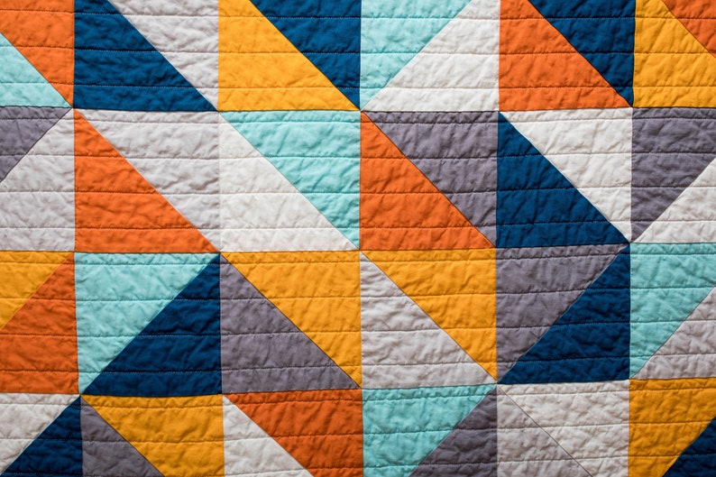 Modern half square triangle HST quilt, blue, orange, grey, baby bedding, modern quilt, square, triangle, crib bedding, Baby, Queen, King image 3