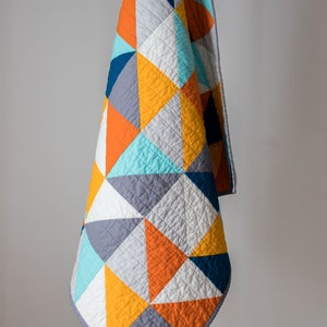 Modern half square triangle HST quilt, blue, orange, grey, baby bedding, modern quilt, square, triangle, crib bedding, Baby, Queen, King image 6