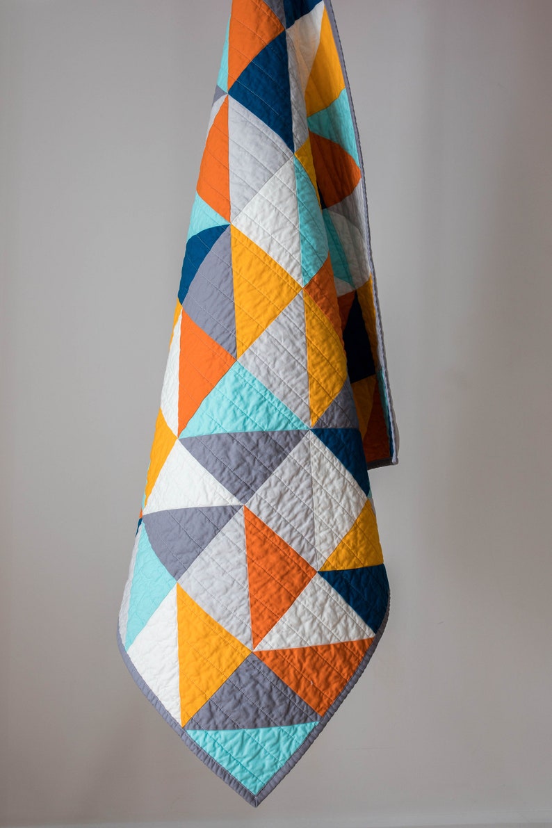 Modern half square triangle HST quilt, blue, orange, grey, baby bedding, modern quilt, square, triangle, crib bedding, Baby, Queen, King image 6