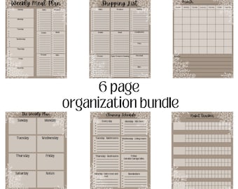 May include: A printable 6-page organization bundle with a brown background and white floral accents. The pages include a weekly meal plan, shopping list, monthly calendar, weekly plan, cleaning schedule, and habit tracker.