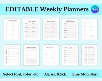 Plantilla de planificador semanal EDITABLE Plantilla Canva Paquete de planificador semanal imprimible digital Calendario semanal Difundido A4 A5 Tamaño de letra 8.5x11
