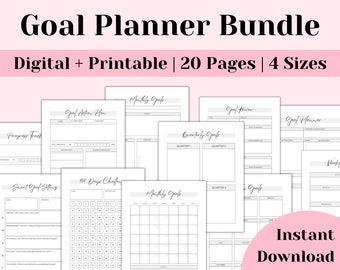 May include: A printable goal planner bundle with 20 pages in 4 sizes. The bundle includes pages for goal setting, action plans, progress tracking, monthly goals, quarterly goals, and a 100-day challenge.
