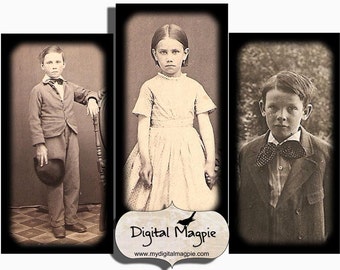 Vintage Victorian children 1 x 2 inch Digital Collage Sheet Images Printable Download domino pendants kids rectangle jewelry images sepia