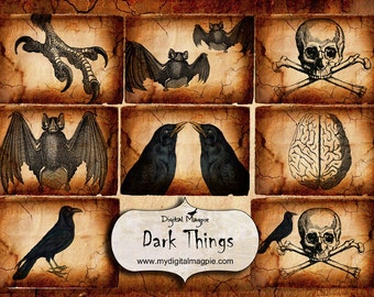 Halloween digital printable ATC tags instant download gothic creepy scary skulls crows bats grungy halloween scrapbook