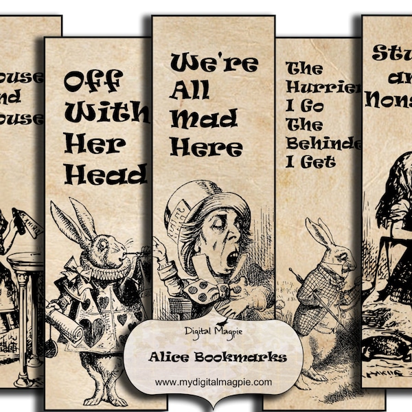 printable bookmark Alice in Wonderland printable digital collage sheet instant download bookmarks book lover gift Mad Hatter White Rabbit