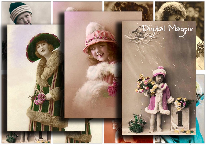 printable Vintage Winter digital download atc tag size images instant download Christmas digital collage sheet vintage girls