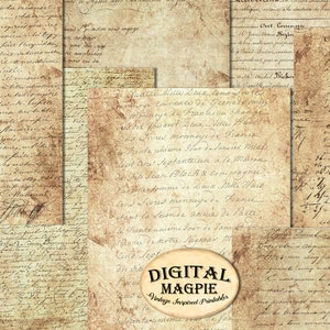 May include: A collage of vintage paper textures with handwritten text in French. The paper is aged and has a brown, cream, and white color scheme. The text is in cursive and includes the words "Ont Courage" and "Digital Magpie".