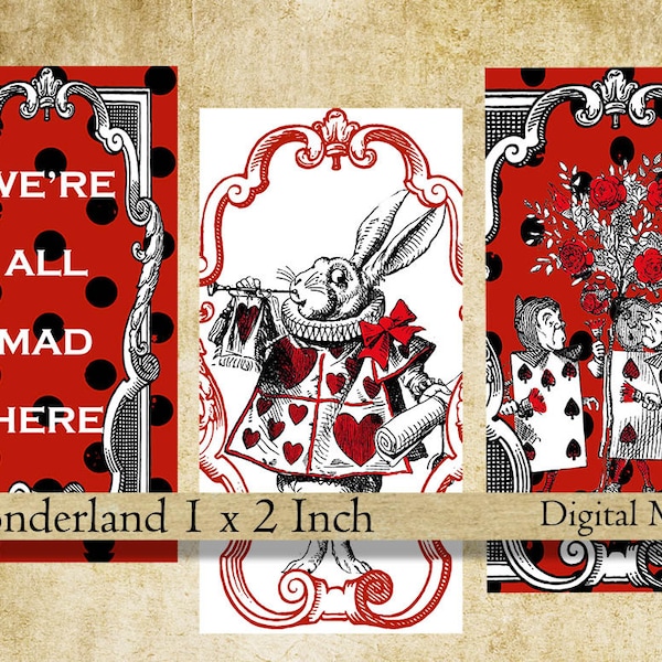 Alice In Wonderland 1x2 inch domino images Digital Collage Sheet Printable Download for pendants rectangle jewelry images