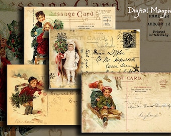Vintage Christmas Postcards digital collage sheet instant download printable snow children digital graphic craft images paper crafts