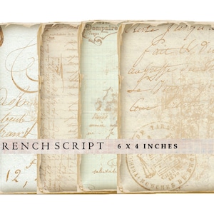 May include: Four vintage paper sheets with French script and a stamp that reads "OR TARG 1830 GIECHES DU DEPO", all on a white background. The text reads "Dompaire Vorges", "este Iliqua n ait Deliss", "Cadban treub Fract", and "salutat". The text "FRENCH SCRIPT 6 X 4 INCHES" is printed below the sheets.