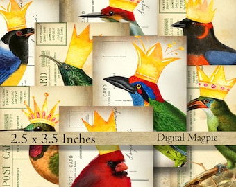 Birds digital printable collage sheet whimsical ATC gift tags cards jewelry holders background paper instant download graphics