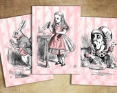 Alice in Wonderland pink printable tags ATC digital download  gift tags Alice party instant download ACEO pink and white rabbit Mad Hatter