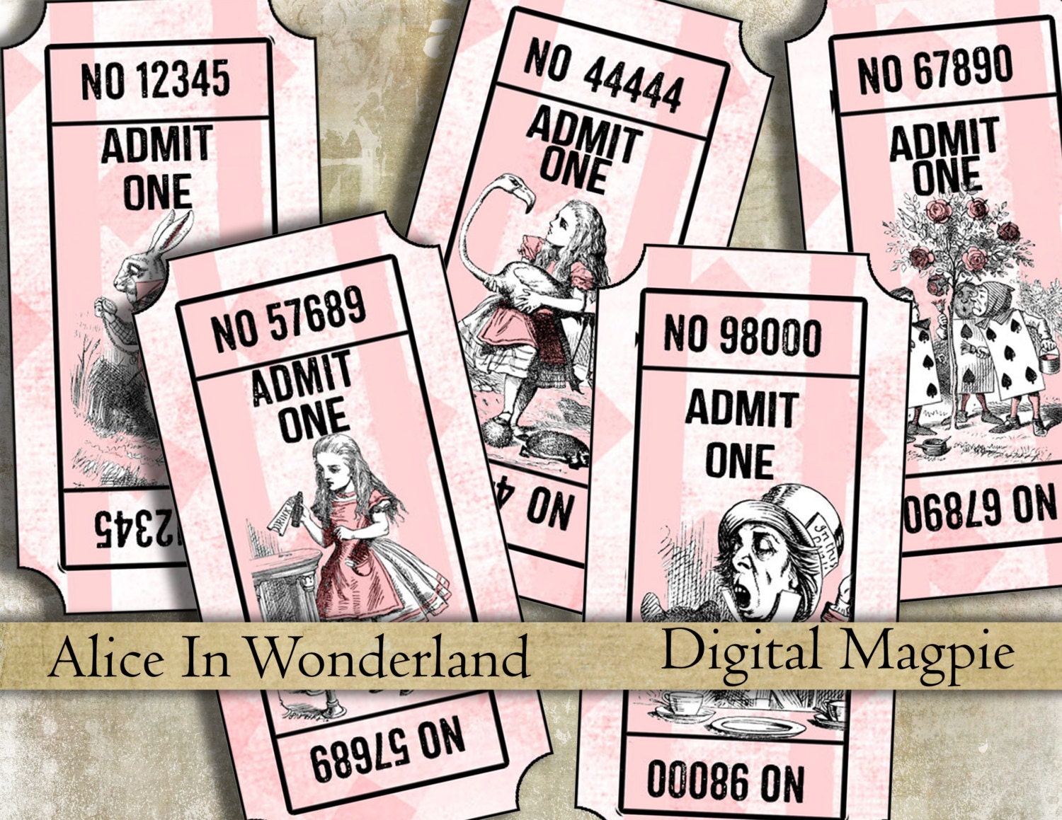 Alice in Wonderland Printable Party Tickets Pink Alice Printable Party Invitation Coupons Admit