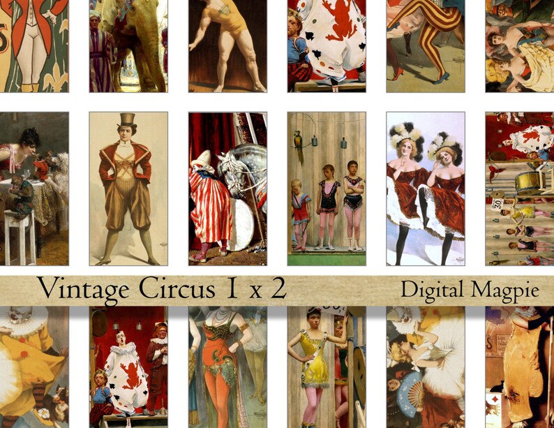 Circus Digital collage sheet domino 1 x 2 inch Vintage Circus printable clown animals images instant download for pendants jewelry