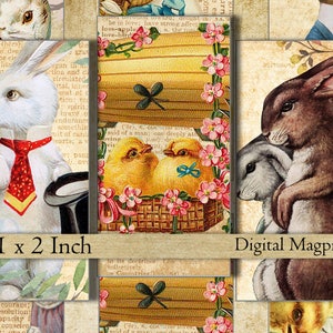 Easter bunnies chicks 1 x 2 inch domino images vintage rabbit clipart printable digital collage sheet pendant jewelry scrapbooking craft