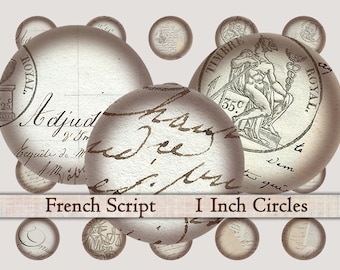 1 inch circles digital collage sheet vintage French script  bottle cap images pendant circles printable round images for jewelry