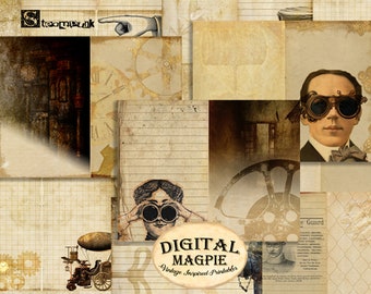 Steampunk DIY afdrukbare tijdschriftpagina's digitale papieren pak grunge armoedige achtergronden collage blad journaling instant download scrapbook