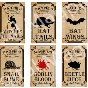 May include: Six vintage-style potion bottle labels with black silhouettes of a witch, rat, bat, snail, blood splatter, and beetle. Each label has the text "Magpie's Apothecary" and "Souls Charms Potions" with a different potion name below: "Witches Toenails", "Rat Tails", "Bat Wings", "Snail Slime", "Goblin Blood", and "Beetle Juice".