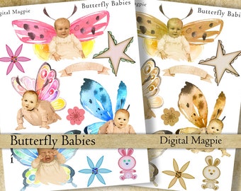 Butterfly babies digital collage sheet watercolour wings kids paper doll digital printable scrapbooking altered art junk journaling