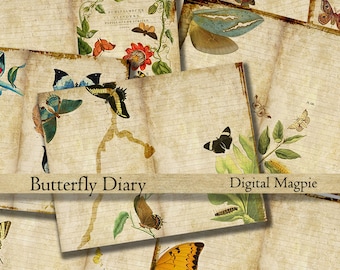 Butterflies DIY printable journal pages digital paper pack Victorian diary grunge shabby backgrounds journaling instant download scrapbook